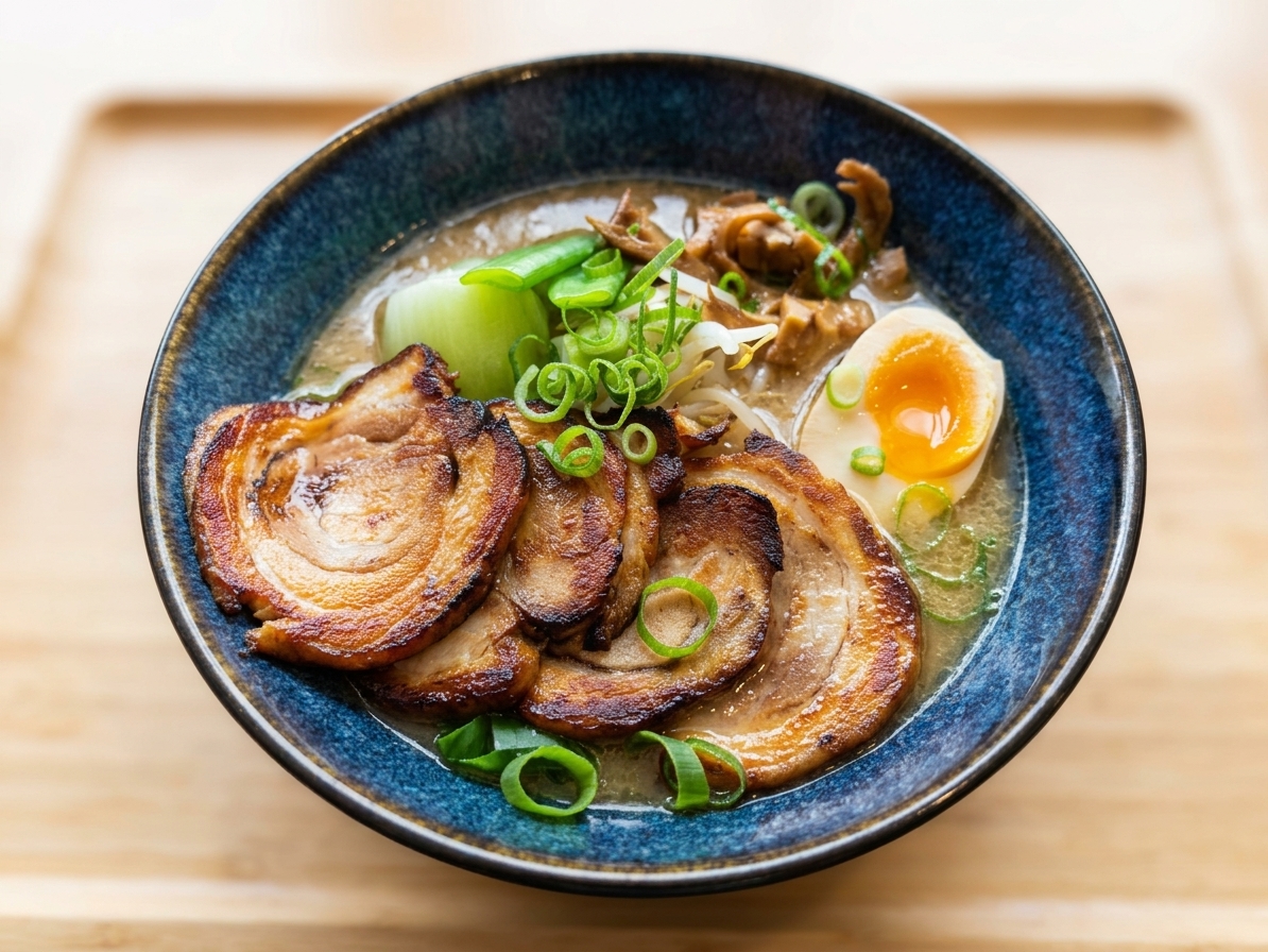 Kom ramen met buikspek, ei en bosui